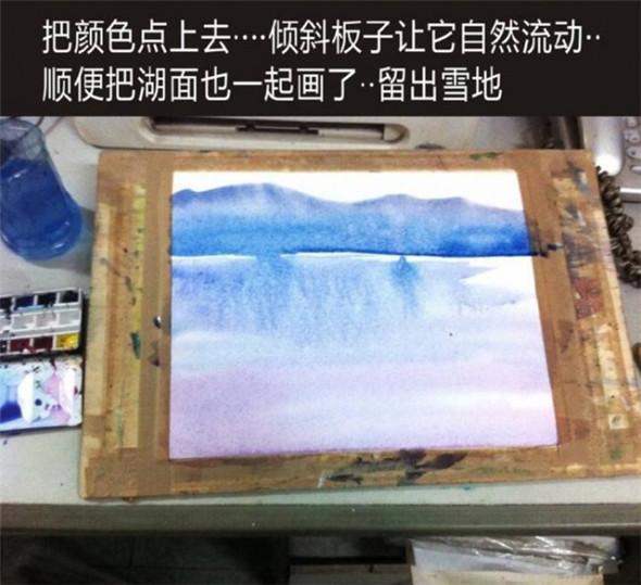 水彩画风景教程：教你用水彩画美丽的雪山湖水风景