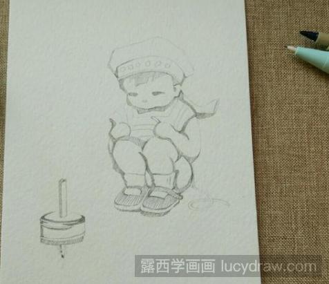 人物儿童画：教你画玩陀螺的小男孩