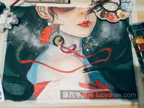 蓝色系古风少女怎么画？详细的水彩插画步骤有哪些？