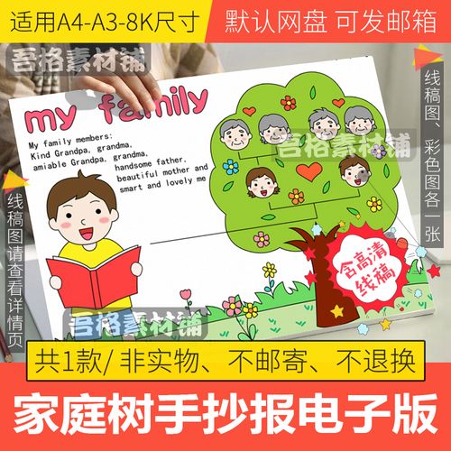 英语三下第二单元我的家庭成员树myfamily手抄报模板电子版线稿a4