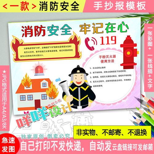 消防安全牢记在心黑白线描涂色空白小学生119消防常识手抄报模板