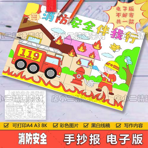 消防安全伴我行儿童画手抄报模板小学生预防火灾安全教育绘画作品