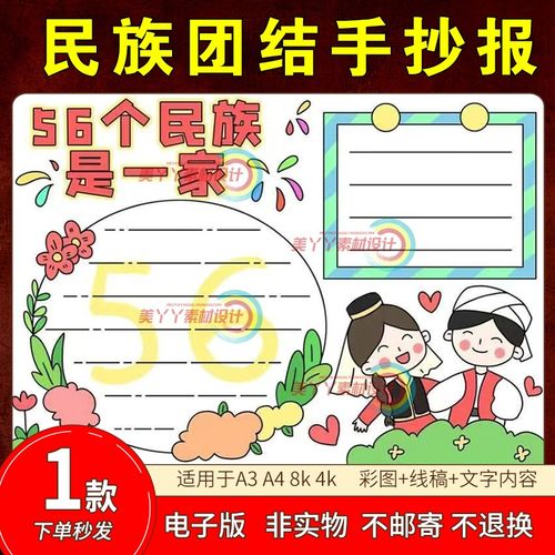 s197民族团结一家亲手抄报模板56个民族小学生一二三年级通用模板