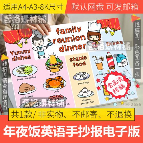 familyreuniondinner年夜饭英语手抄报模板电子版春节美食线稿a34