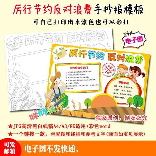 a4中小学生厉行节约反对浪费光盘行动黑白线描涂色空白手抄报模板