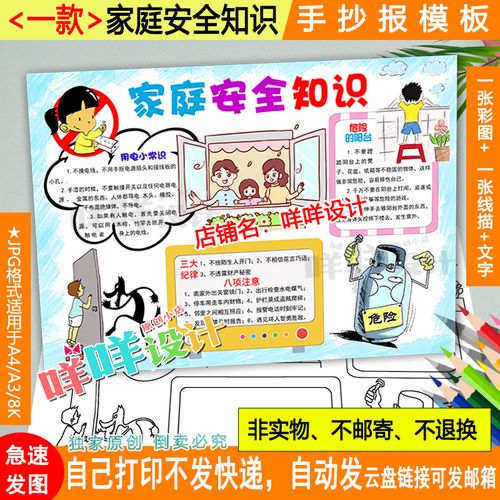 家庭安全知识小报黑白线描涂色空白小学生寒假居家安全手抄报模板