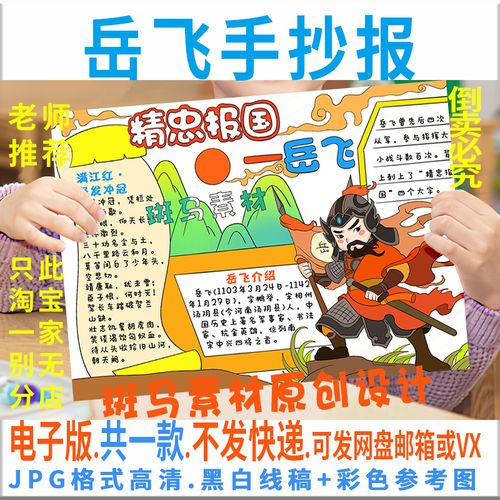 e008民族英雄岳飞精忠报国黑白线描涂色空白小学生手抄报电子模板