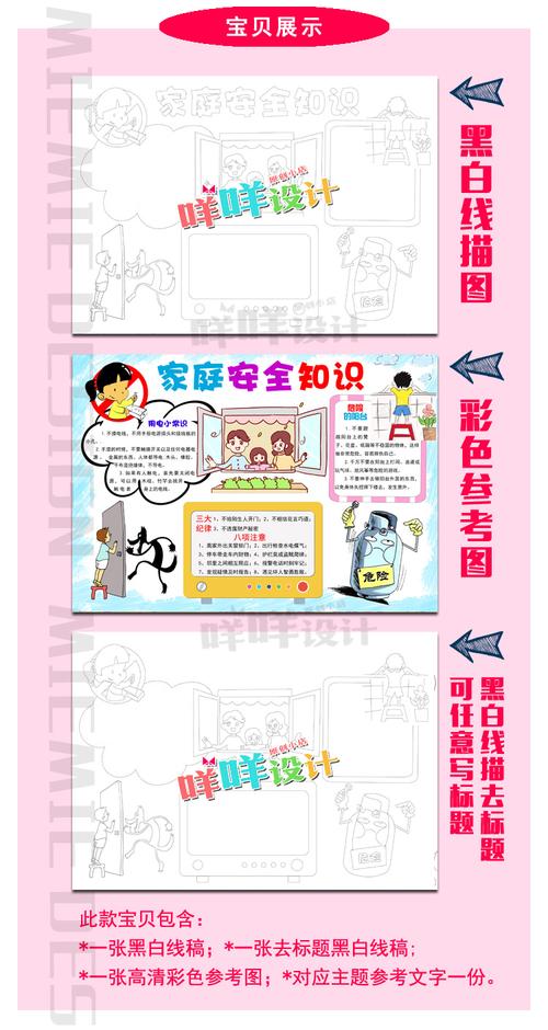 8k小学生幼儿室内居家庭安全知识涂色描线空白手抄报模板