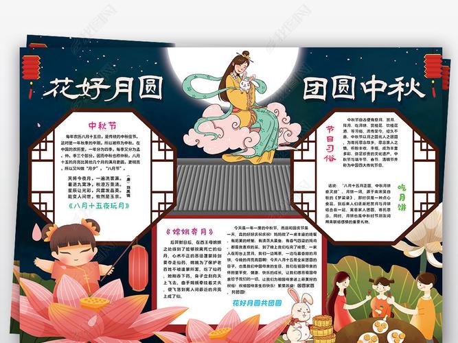 原创中秋节小报月饼嫦娥奔月神话故事简单漂亮线描涂色手抄报小报