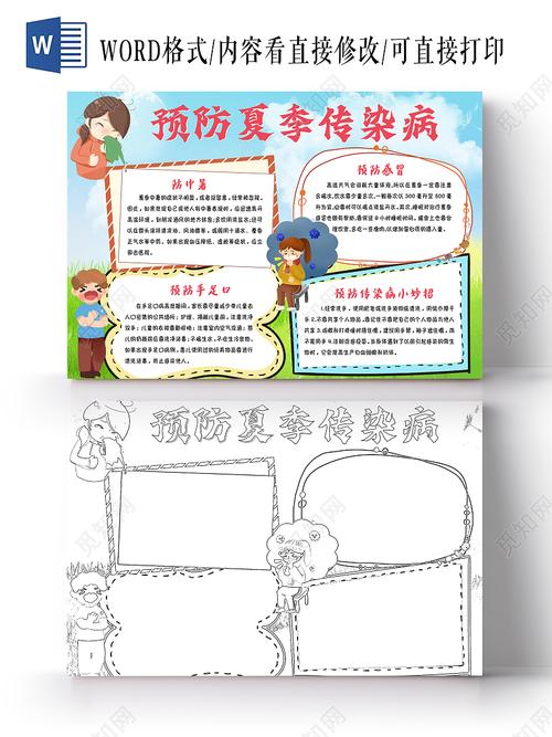 蓝色卡通预防夏季传染病卡通小报手抄报夏季预防疾病