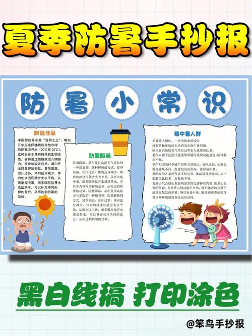 夏季防暑手抄报电子模板黑白线稿