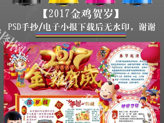 ps2017金鸡贺岁新年春节手抄报小报