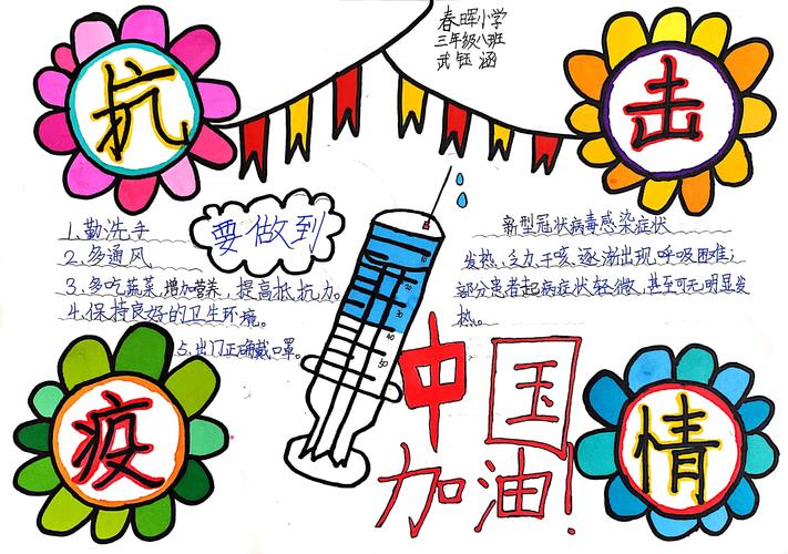 众志成城抗击疫情东营市春晖小学抗疫美术作品展手抄报一