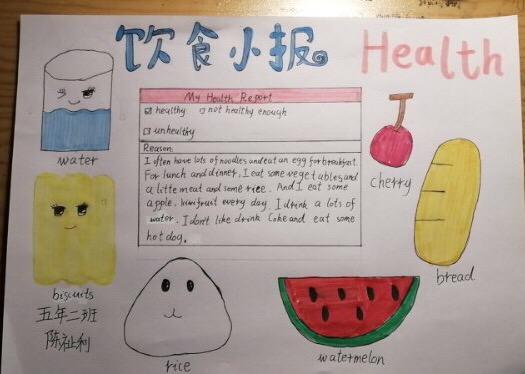 五年二班英语手抄报健康饮食单元总结学生作品