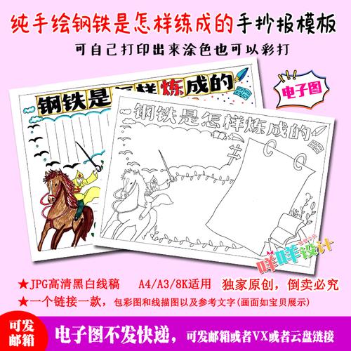 中小学生钢铁是怎样炼成读书卡黑白线描涂色空白阅读手抄报模板