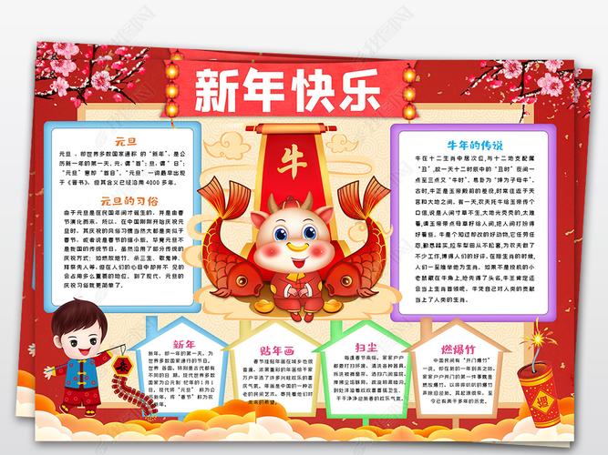 原创2021喜迎元旦小报手抄报快乐新年牛年小报手抄报word模版版权可