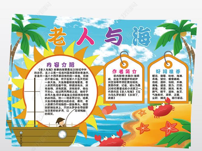 原创老人与海小报模板海明威名著线描手抄报素材版权可商用