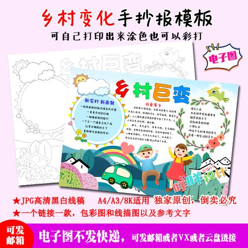 乡村巨变我爱家乡脱贫奔小康黑白线描涂色空白中小学生手抄报模板