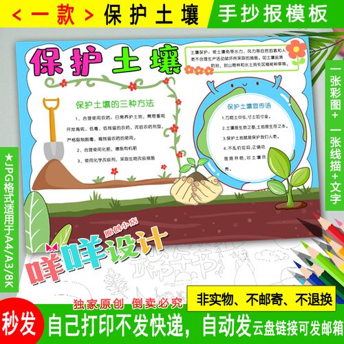 保护土壤环境不受污染黑白线描涂色空白小学生a4a38k手抄报模板