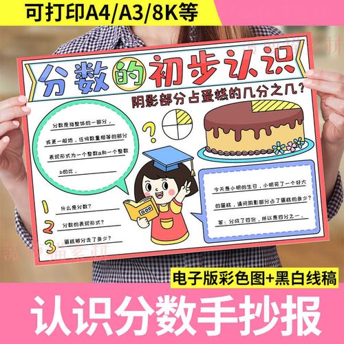 分数的初步认识小报小学生二三年级上下册数学主题绘画手抄报模板