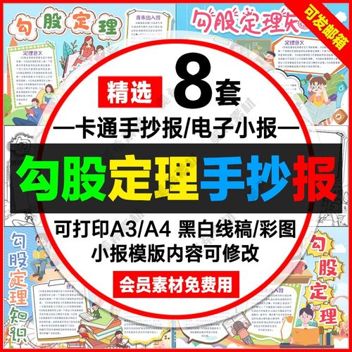 数学知识勾股定理手抄报电子版中小学生可涂色线稿a4小报a3模板8k