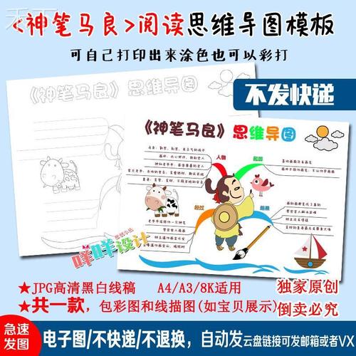 a4a38k小学生课外阅读神笔马良思维导图黑白线描涂色手抄报模板