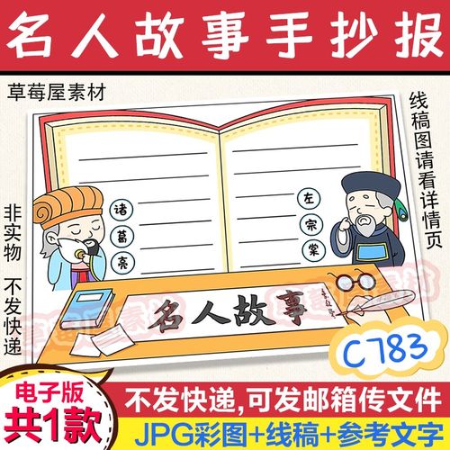 c783历史名人故事手抄报诸葛亮左宗棠黑白涂色线稿电子版小报a3a4