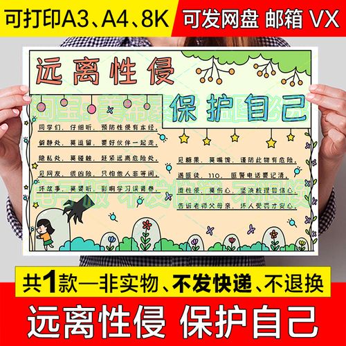 拒绝性侵保护自己手抄报小学生预防远离性侵害电子版小报线稿模板