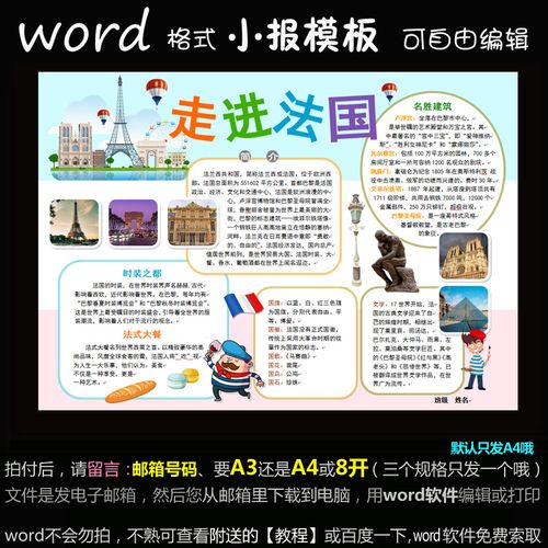 c024电子手抄报word模版世界国家走进法国电子小报地理简报