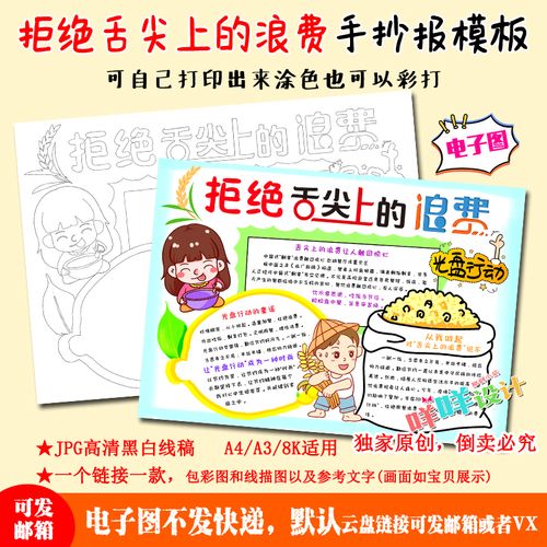 小学生拒绝舌尖上的浪费节约粮食光盘行动黑白线描涂色手抄报模板