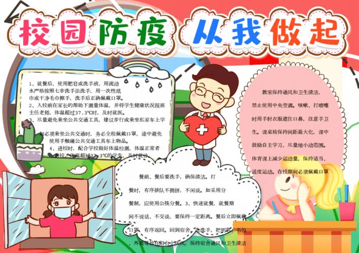 校园复课防疫知识电子小报卡通小学生黑白线稿涂色线描手抄报模板7篇