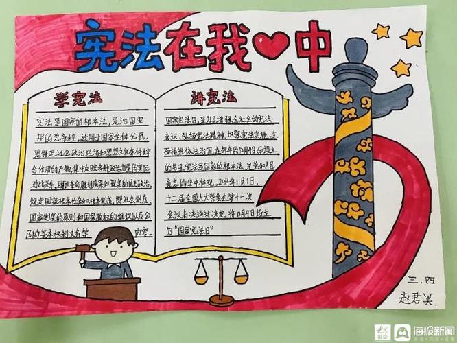 学生们手绘学宪法讲宪法主题手抄报.