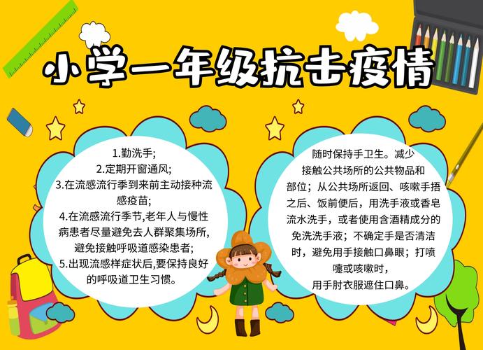 小学一年级手抄报-简约创意卡通小学一年级抗击疫情手抄报在线图片