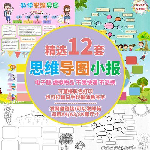 数学英语思维导图电子小报卡通小学生黑白线稿涂色手抄报word模板