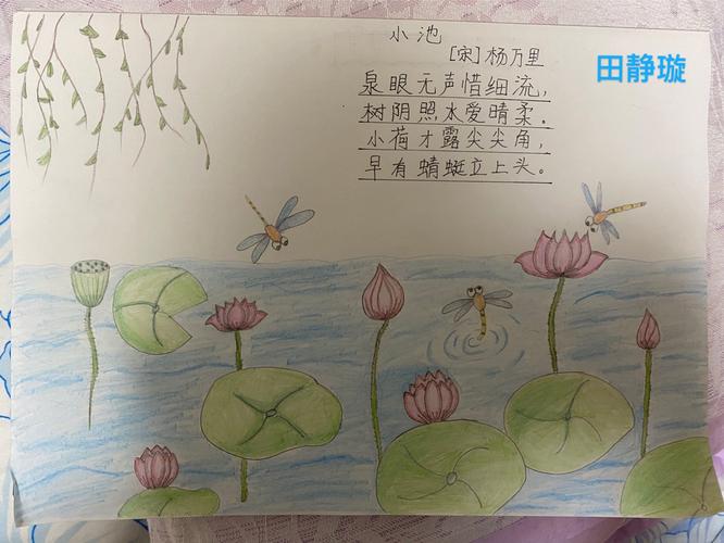 天津美达菲一年二班学生们制作《小池》手抄报表达对大自然的热爱之