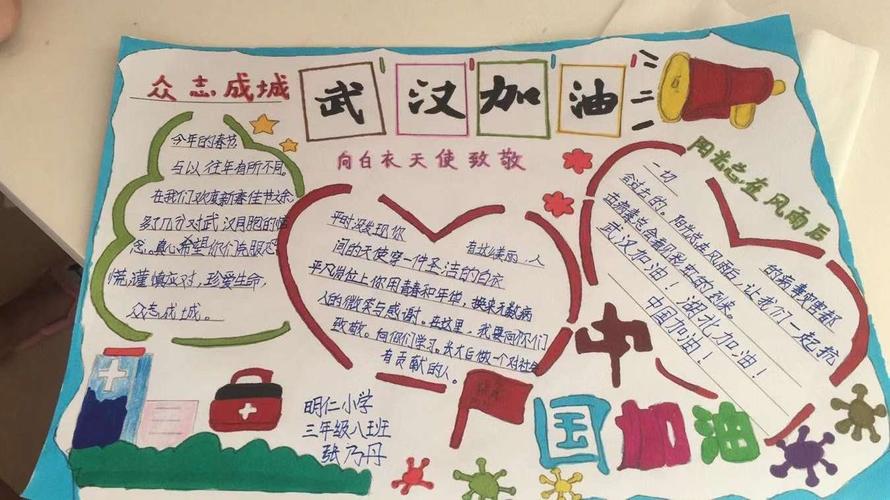 众志成城共抗疫情向最美的逆行者致敬明仁小学三年八班手抄报