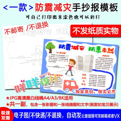 小学生防震减灾地震安全知识黑白线描涂色空白a4a38k手抄报模板