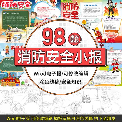 119消防安全手抄报模板消防小知识word海报画报板报线稿电子小报