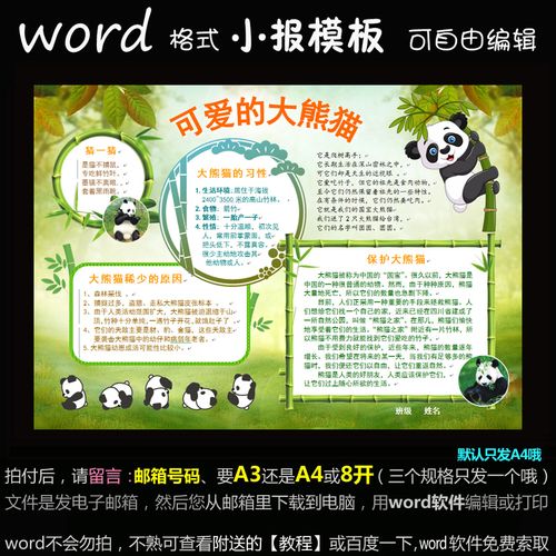 d033电子手抄报word模版爱护保护动物小报大熊猫简报