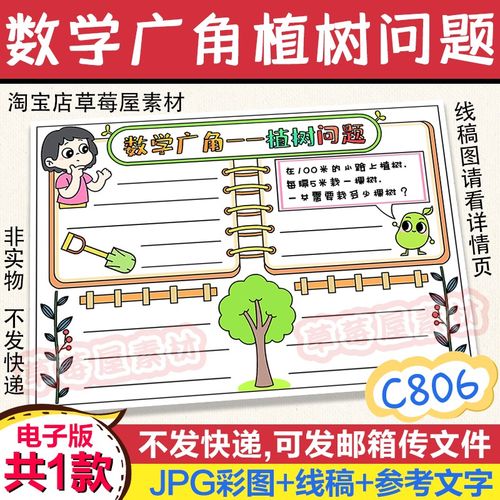 c806数学广角植树问题小学生手抄报黑白涂色线稿电子版简笔画小报