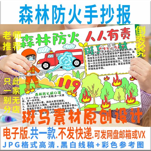 b555小学生森林防火人人有责消防安全涂色黑白描线空白手抄报模板