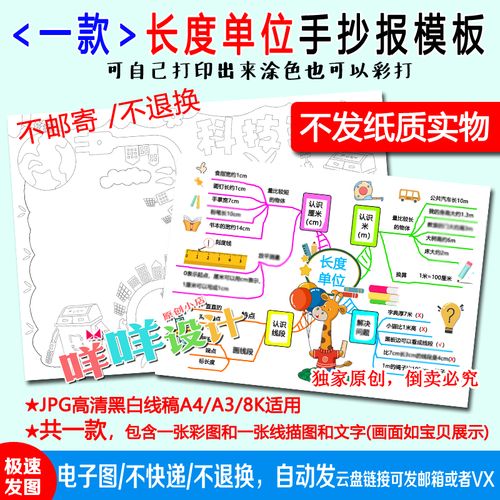 人教版小学生数学二年级上长度单位思维导图线描涂色手抄报模板