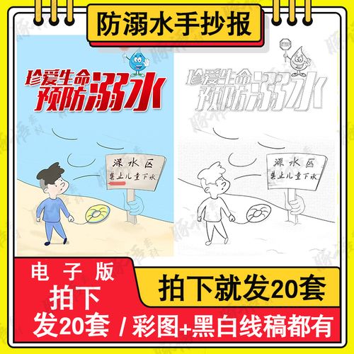 小学生珍爱生命预防溺水防溺水的安全手抄报电子竖版模a4绘画线稿