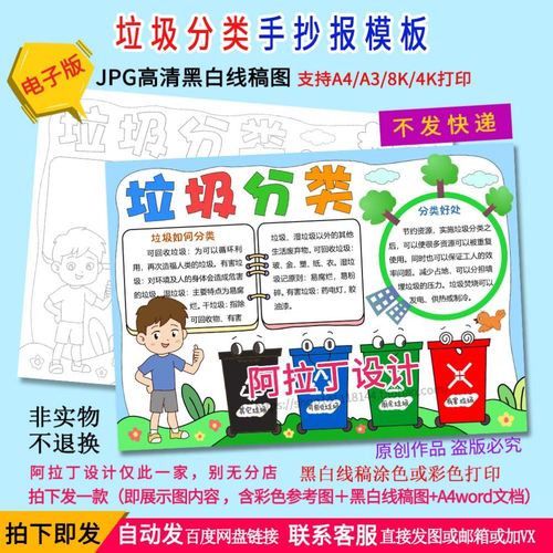 垃圾分类手抄报模板电子版小学生儿童画小报半成品黑白线稿a4a38k