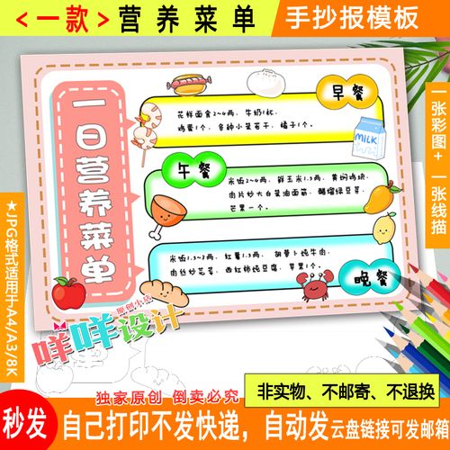 一日营养菜单学生营养日健康饮食合理膳食线描涂色空白手抄报模板