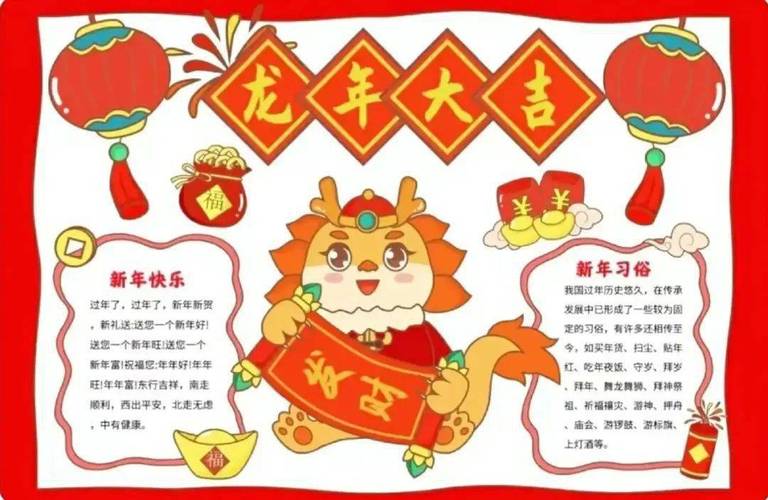 小学生手抄报 新年手抄报2024龙年手抄报怎么画含