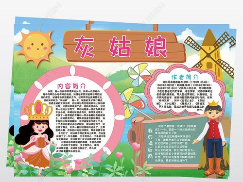 原创灰姑娘小报模板读书亲子阅读童话故事线描手抄报素材-版权可商用