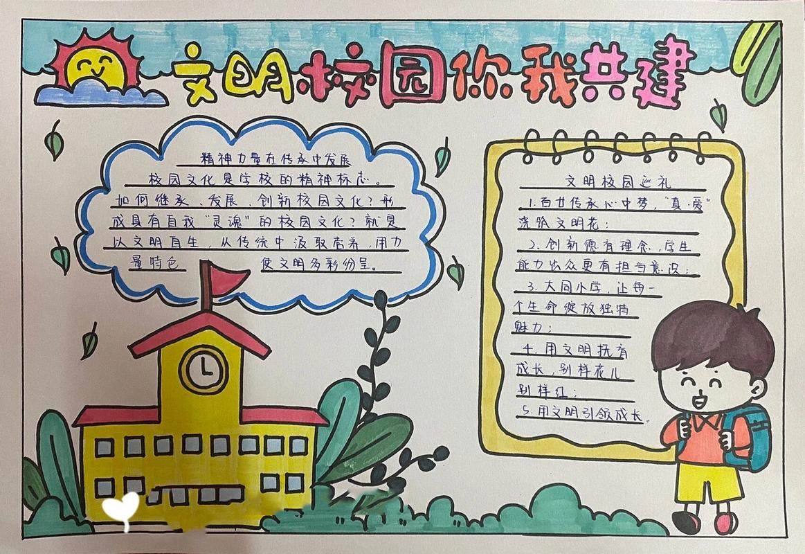 手抄报《文明校园你我共建》 关注定制手抄报剪贴报绘画作品等 手艺