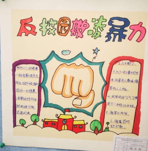 甘州中学四年级4班预防校园暴力 创建和谐校园手抄报画报作品展示