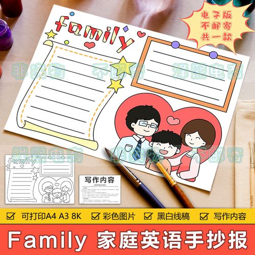 小学英语family家庭英文手抄报模板电子版家庭成员我爱我家手抄报